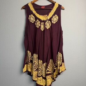 California Woman Free Size Purple Gold Batik Print Sleeveless African Tunic Top